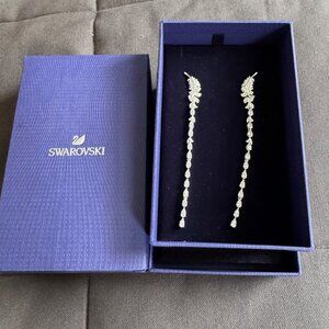 New in box Authentic Swarovski Long Feather CZ White Crystal Earrings